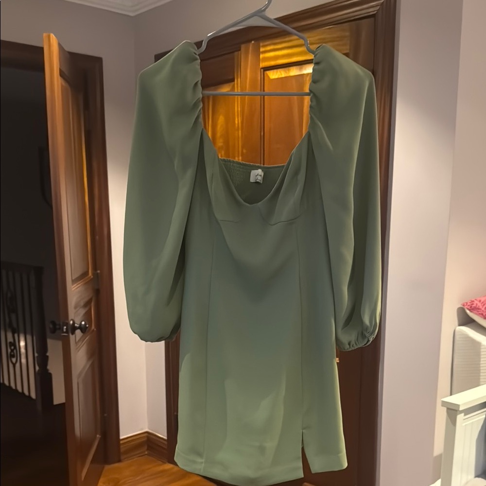 Aritzia Green Puff Sleeve Mini Dress